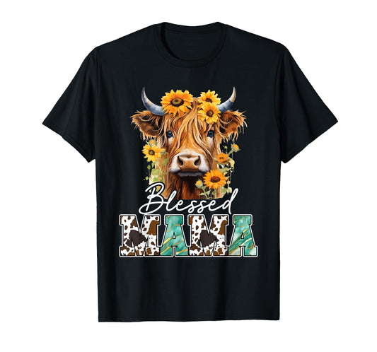 Blessed Mama Highland Cow Sunflowers Mothers Day Caring T-Shirt