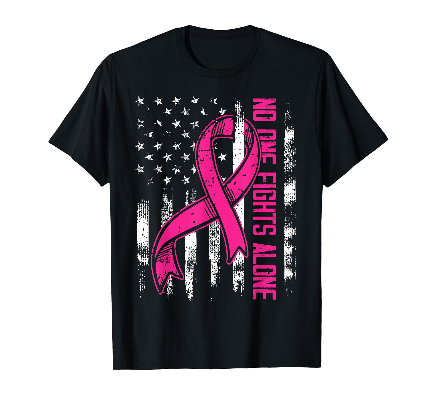 No One Fight Breast Cancer Alone Pink Ribbon American Flag T-Shirt