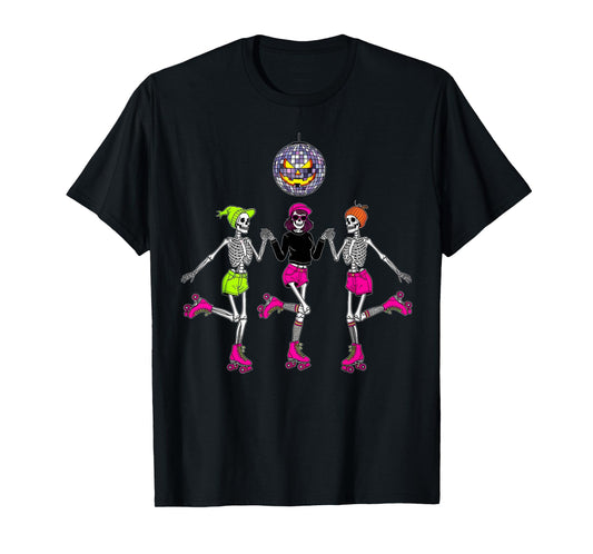 Dancing Skeletons Roller Skates Spooky Disco Ball Halloween T-Shirt