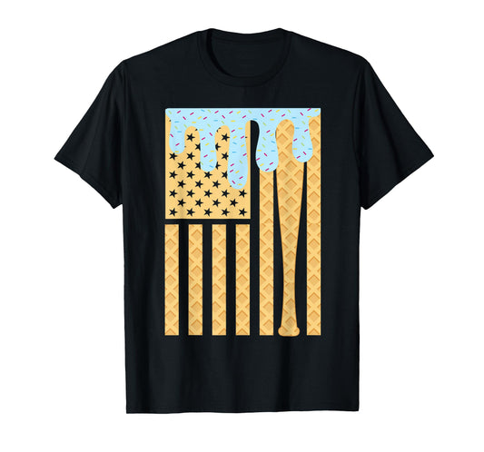 Baseball Drip Bat Boys Dripping Ice Cream American Flag T-Shirt