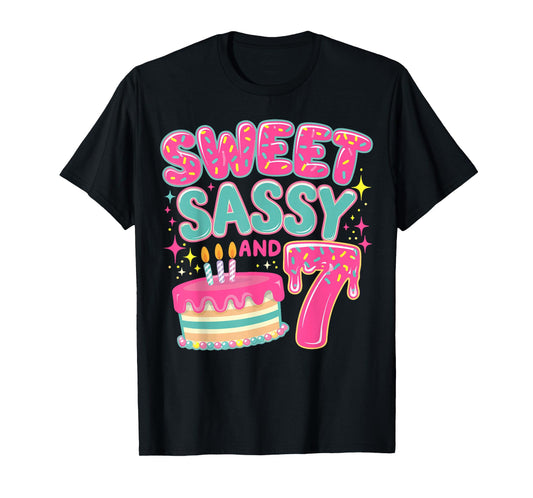 Kids Sweet Sassy and Seven Birthday Girl Donut 7 Year Old T-Shirt