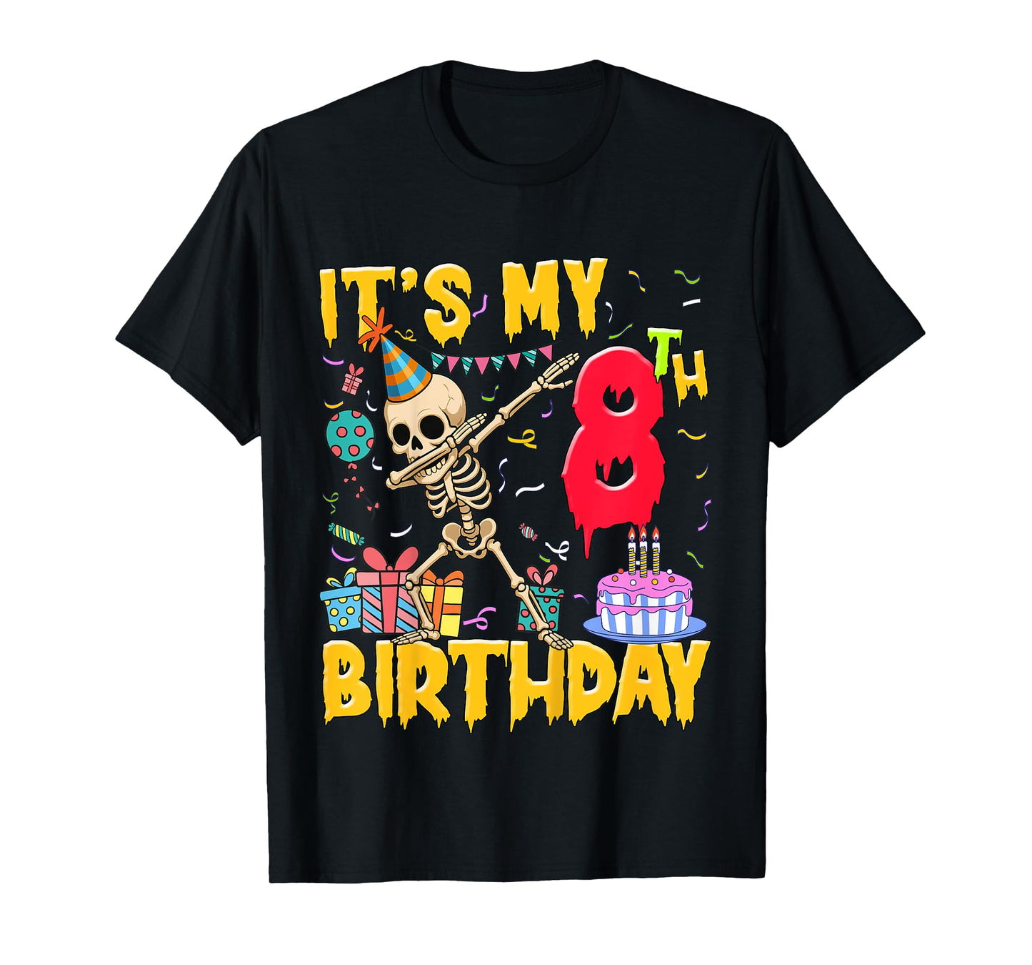Kids It's My 8th Birthday Party Halloween Skeleton Birthday T-Shirt