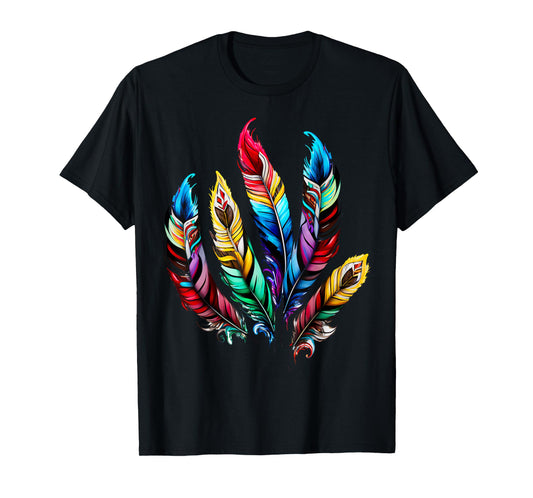 Colorful feathers boho ethnic style Indian bird pattern love T-Shirt