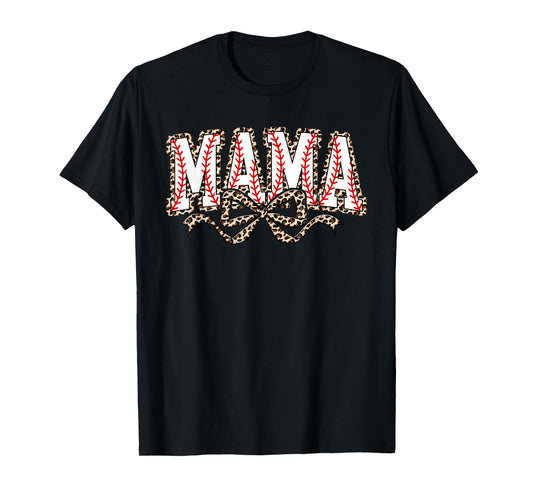Leopard Baseball Mama Coquette Bow Funny Baseball Mom Mother T-Shirt