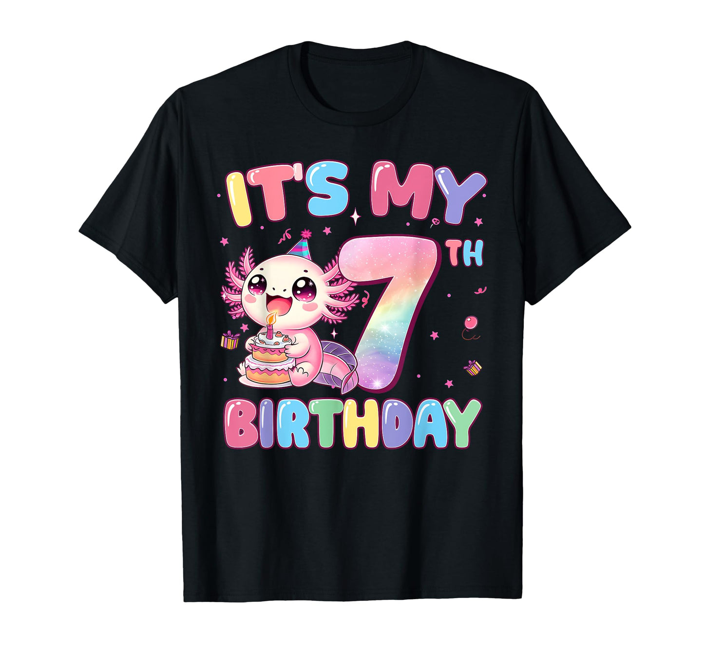 It's My 7th Birthday Girl Cute Axolotl 7 Year Old Bday Kids T-Shirt