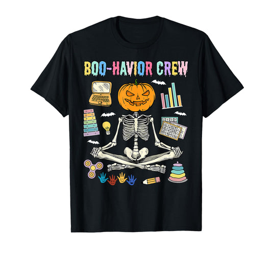 Boo-Havior Crew Behavior Analyst Skeleton Yoga Halloween ABA T-Shirt