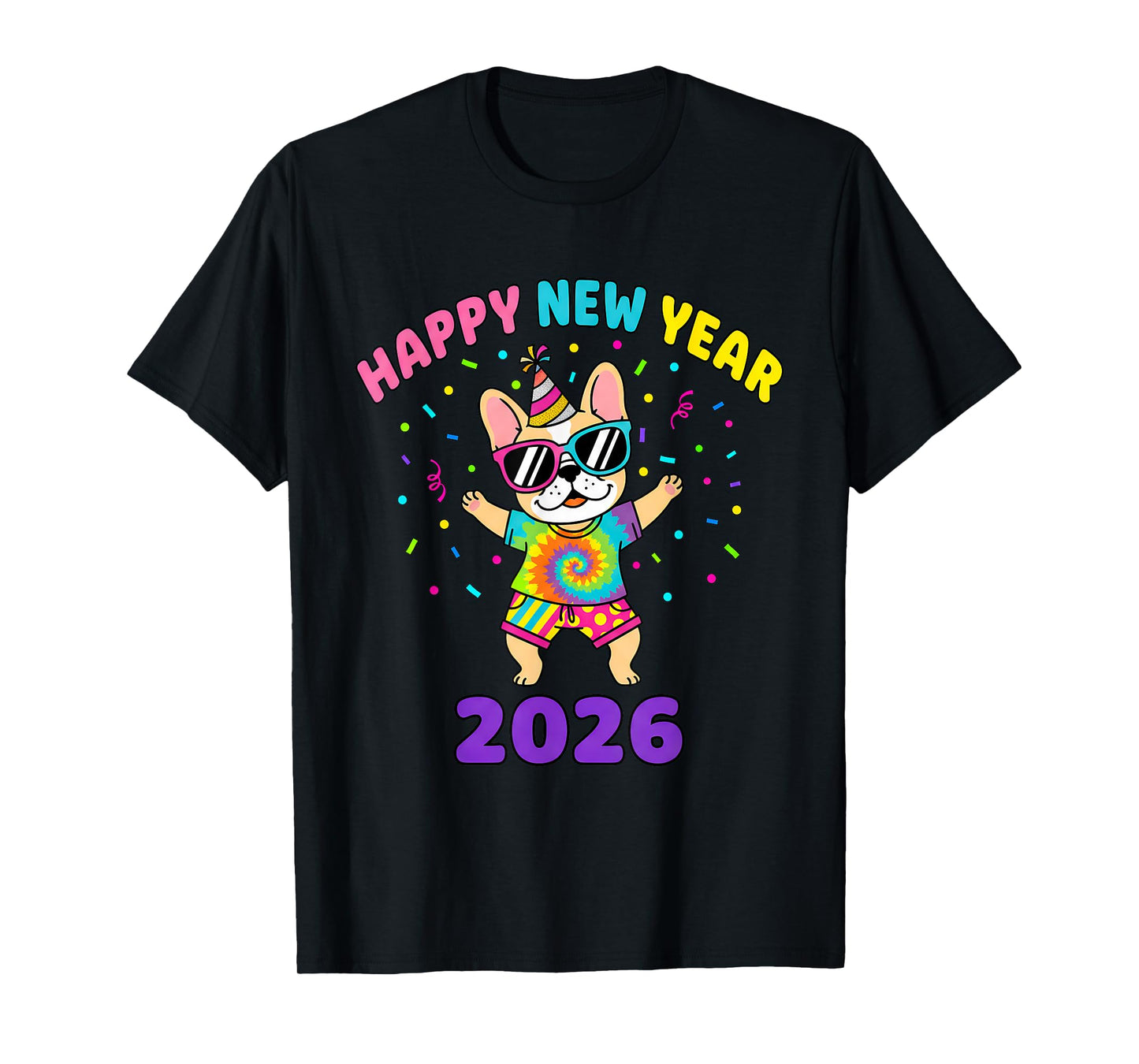 Happy New Year 2026 Kids Girls Funny Dog T-Shirt