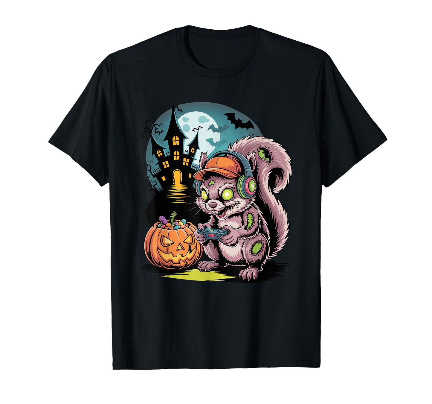 Halloween Zombie Squirrel Gamer Haunted Castle Video Gaming T-Shirt
