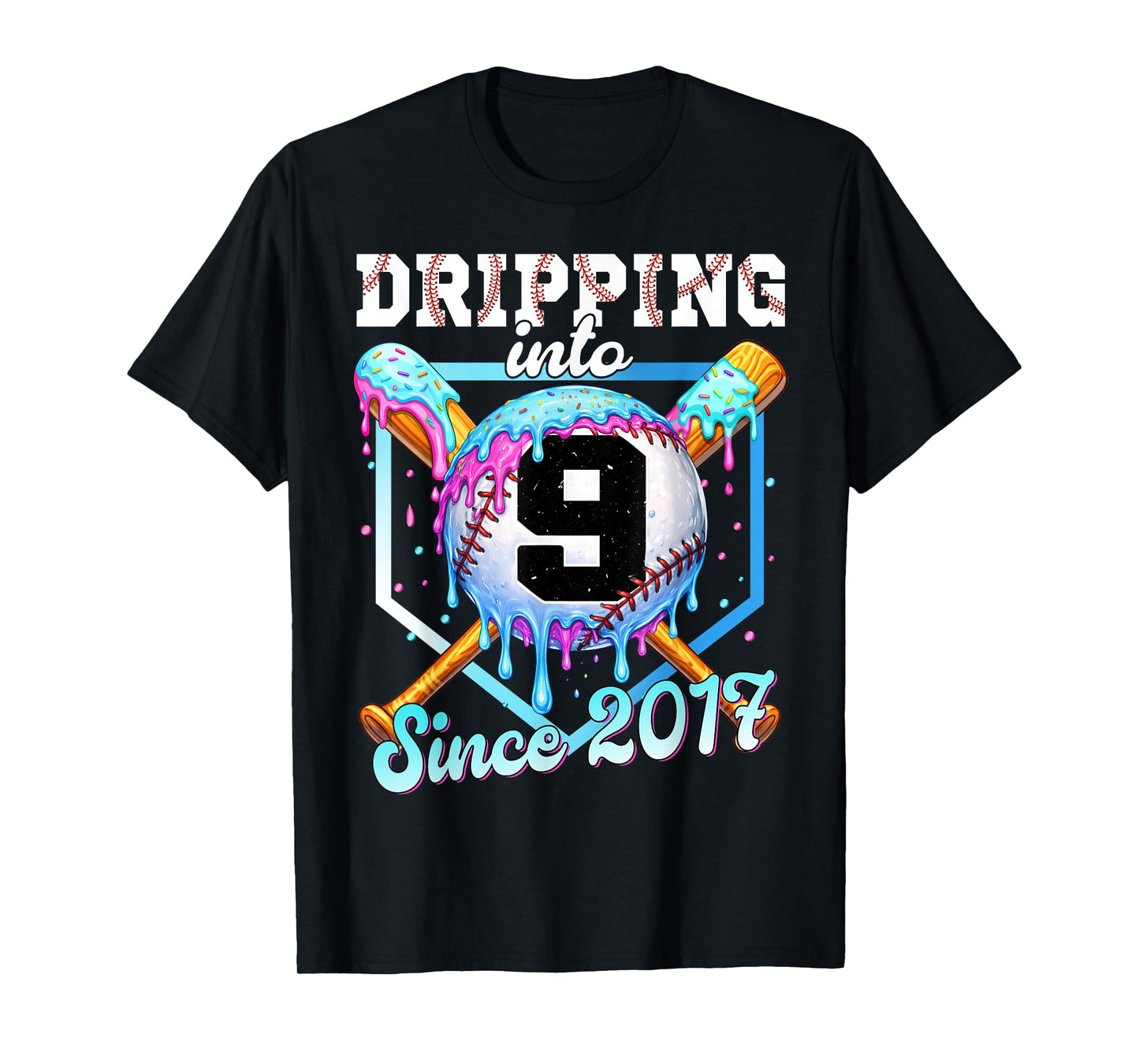 9 Years Old Baseball Ice Cream 9th Birthday Boys Since 2017 T-Shirt