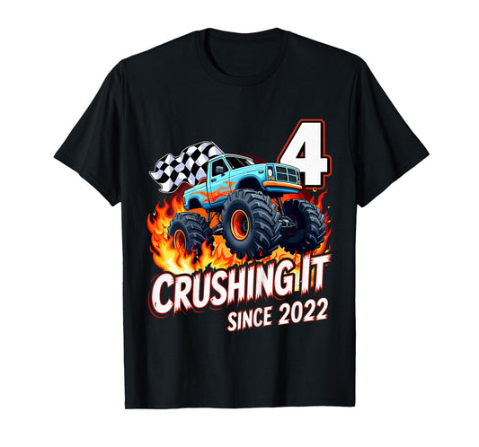 Kids 4th Birthday Monster Truck 4 Year Old Boys Born 2022 T-Shirt