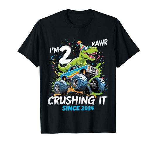 Kids 2nd Birthday Monster Truck Dinosaur 2 Year Old boy Born 2024 T-Shirt