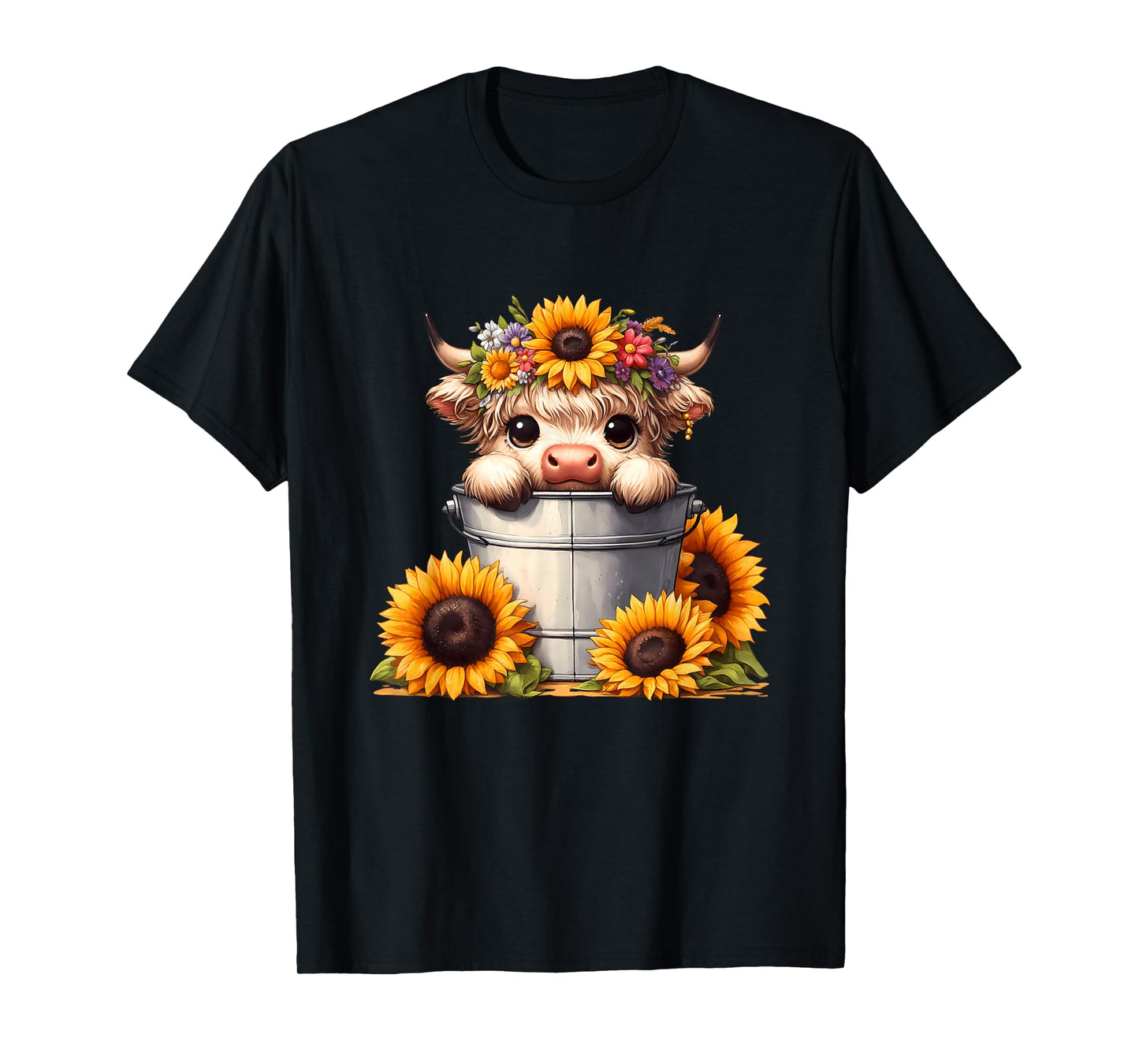 Cute Baby Highland Cow with Sunflowers in Bucket, Calf T-Shirt