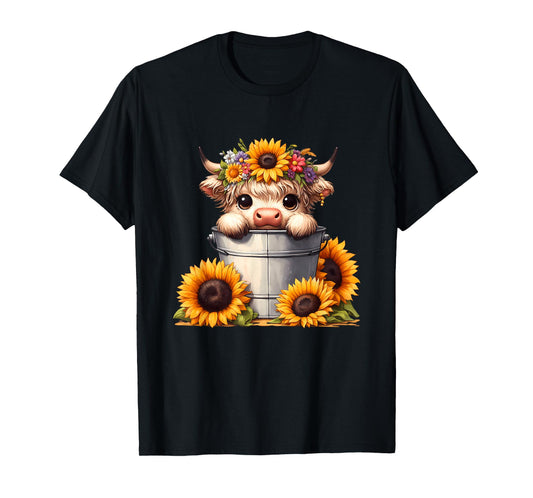 Cute Baby Highland Cow with Sunflowers in Bucket, Calf T-Shirt