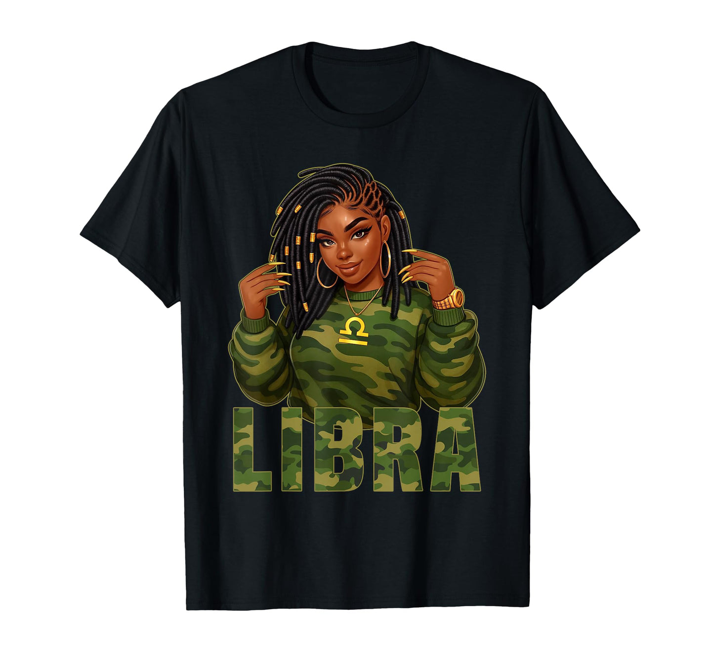 Libra Queen Loc'd Black Woman Camo Zodiac Sign T-Shirt