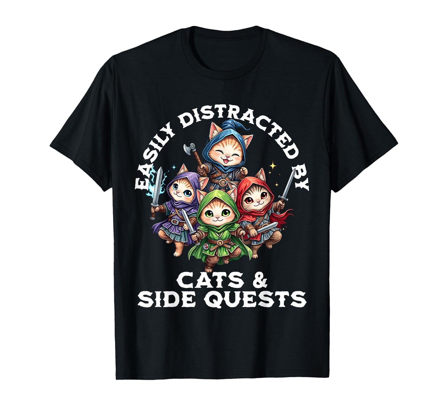 Easily Distracted by Cats and Side Quests Funny Gamer Cat T-Shirt