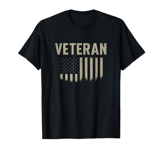 Veteran with Distressed USA Flag Printed on Back T-Shirt