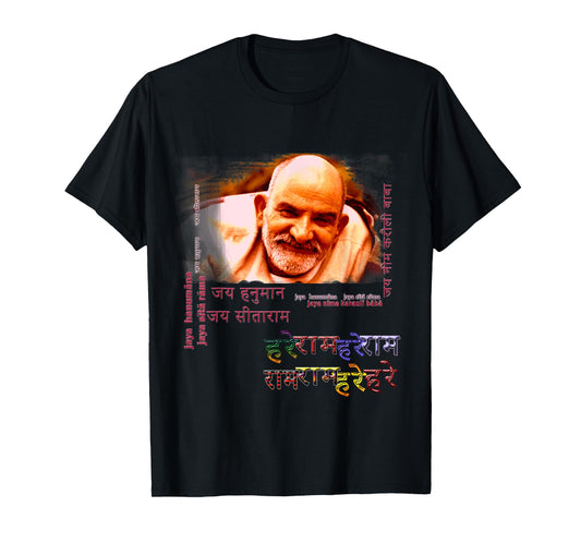 Baba Neem Karoli Maharaj with Hanuman Chalisa on Back T-Shirt