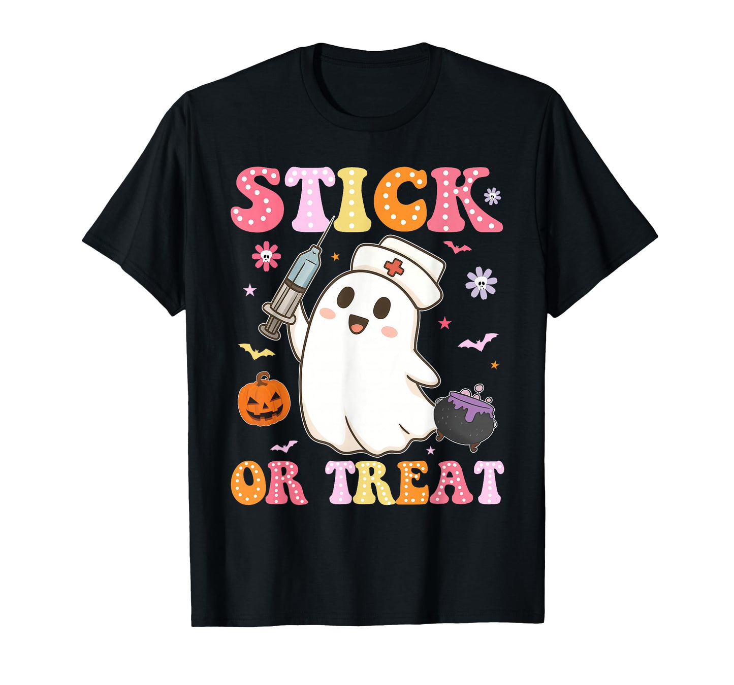 Funny Stick Or Treat Cute Nurse Ghost Halloween Crew Women T-Shirt