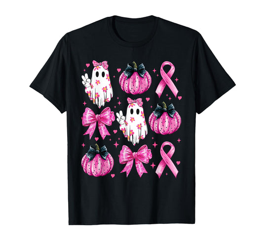 Retro Groovy Breast Cancer Ghost Coquette Halloween Pink Tee T-Shirt