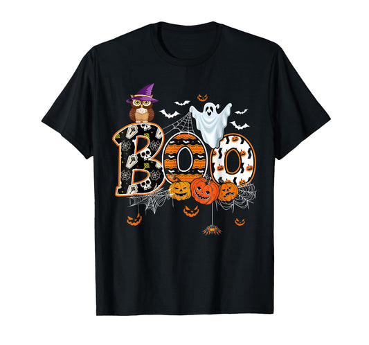 Boo Creepy Owl Pumpkin Ghost Halloween Men Women Kids T-Shirt