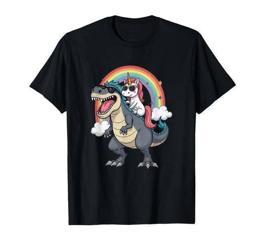 Unicorn Riding T-Rex Dinosaur Rainbow Boys Girls Men Women T-Shirt