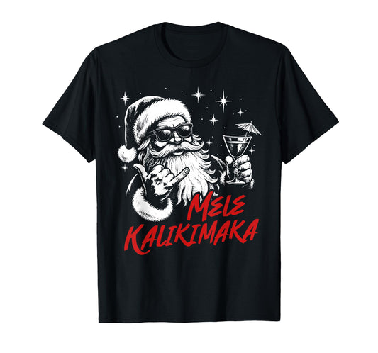 Retro Christmas Mele Kalikimaka Santa Shaka Hawaii Cocktails T-Shirt