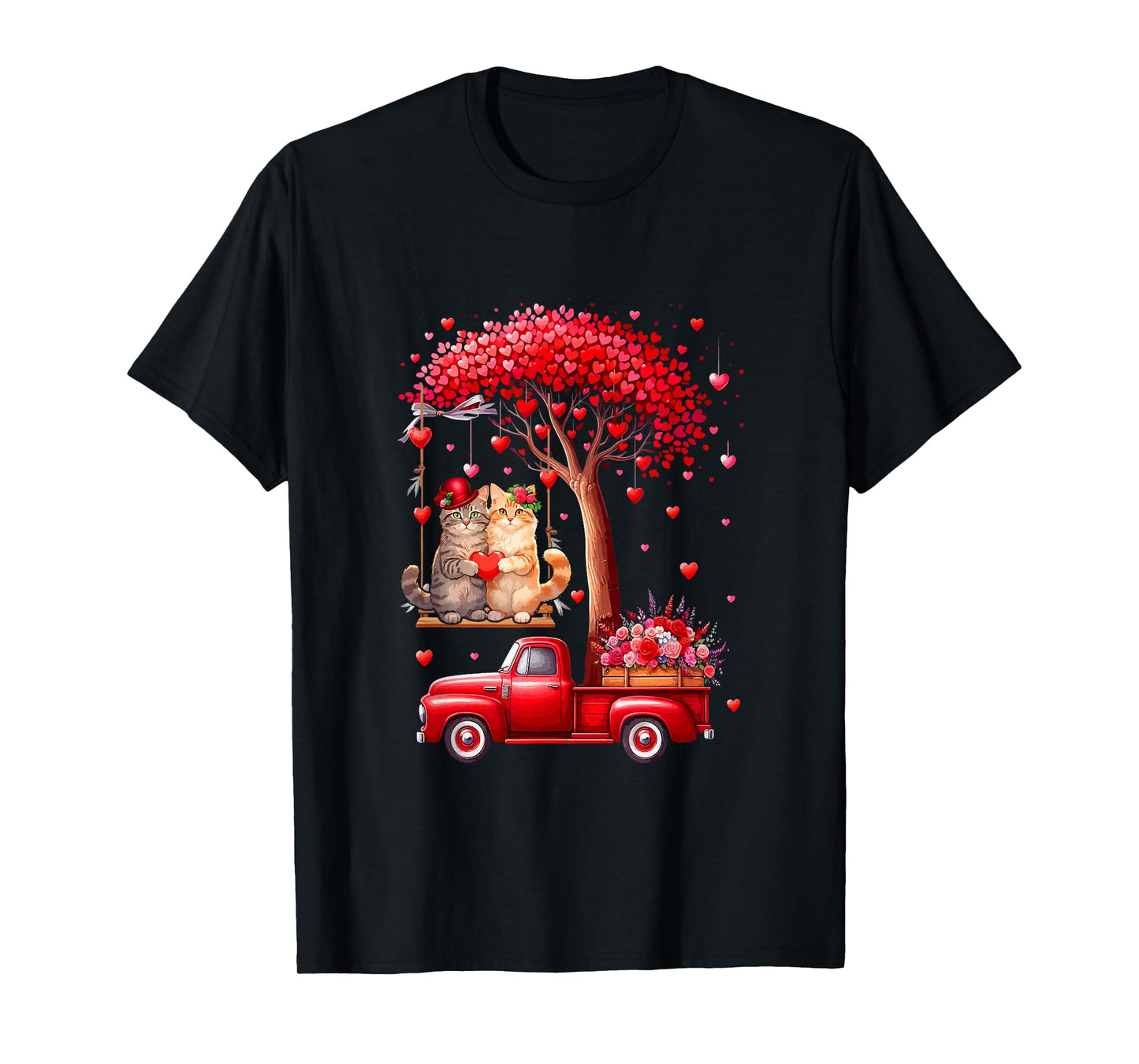 Couple Cats Valentine Hearts Tree Pickup Truck Owner T-Shirt