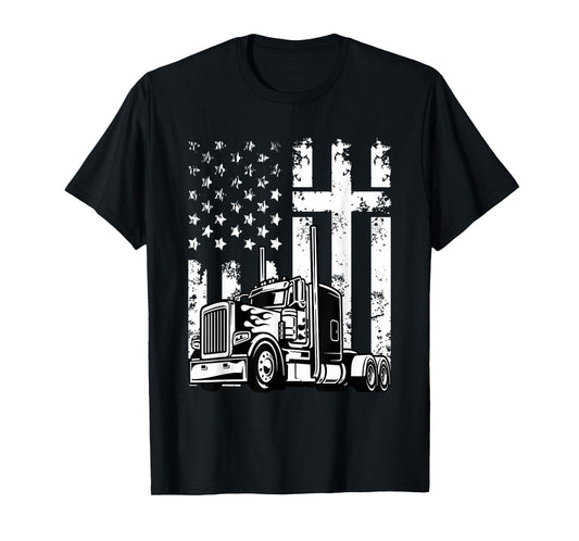 Semi Truck American Flag Christian Truck Driver Patriotic T-Shirt