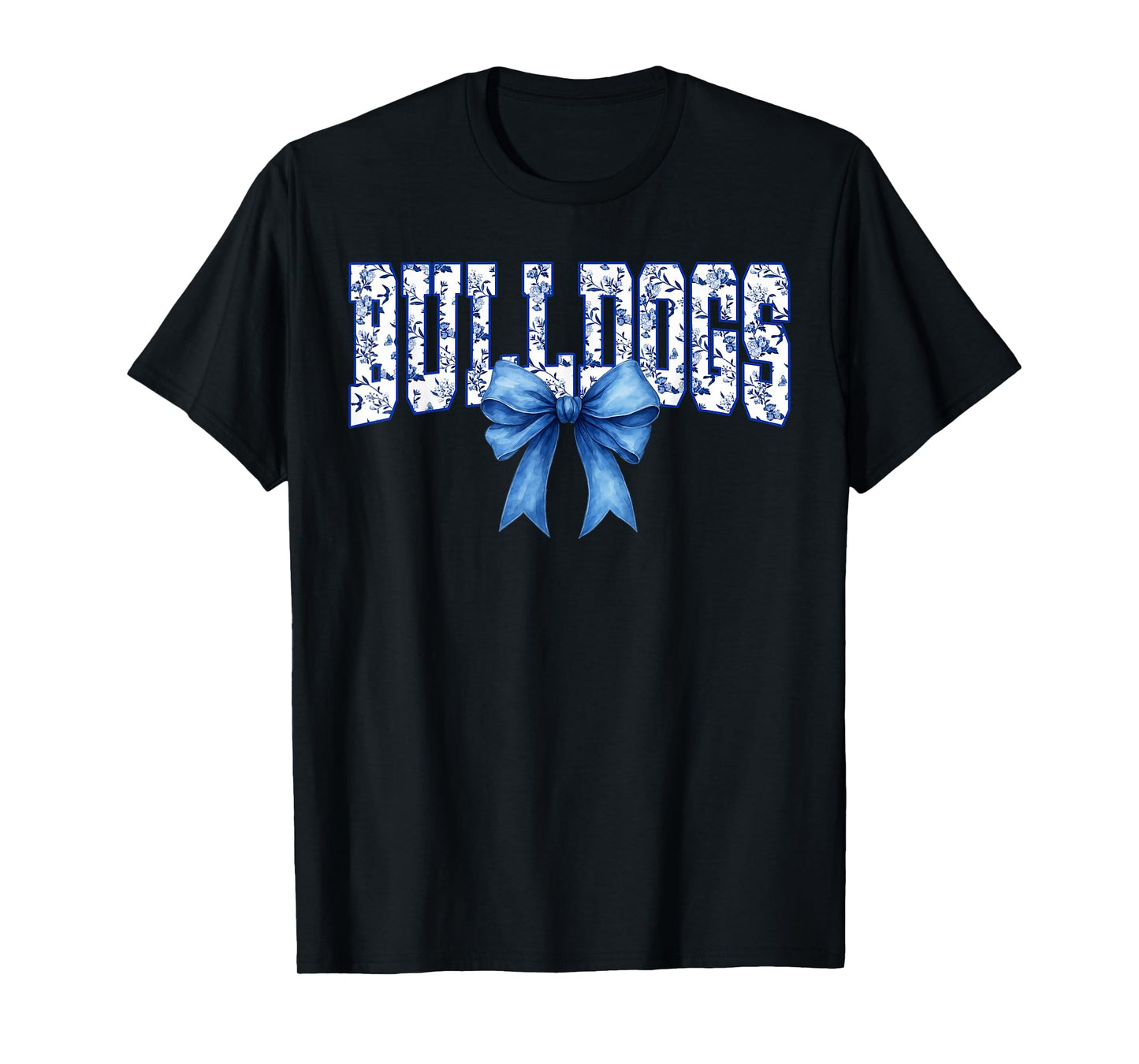 Bulldogs Floral Toile Royal Blue Watercolor Coquette Bow T-Shirt