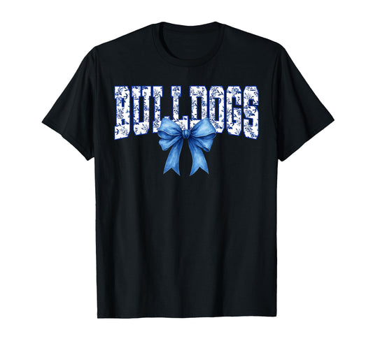 Bulldogs Floral Toile Royal Blue Watercolor Coquette Bow T-Shirt