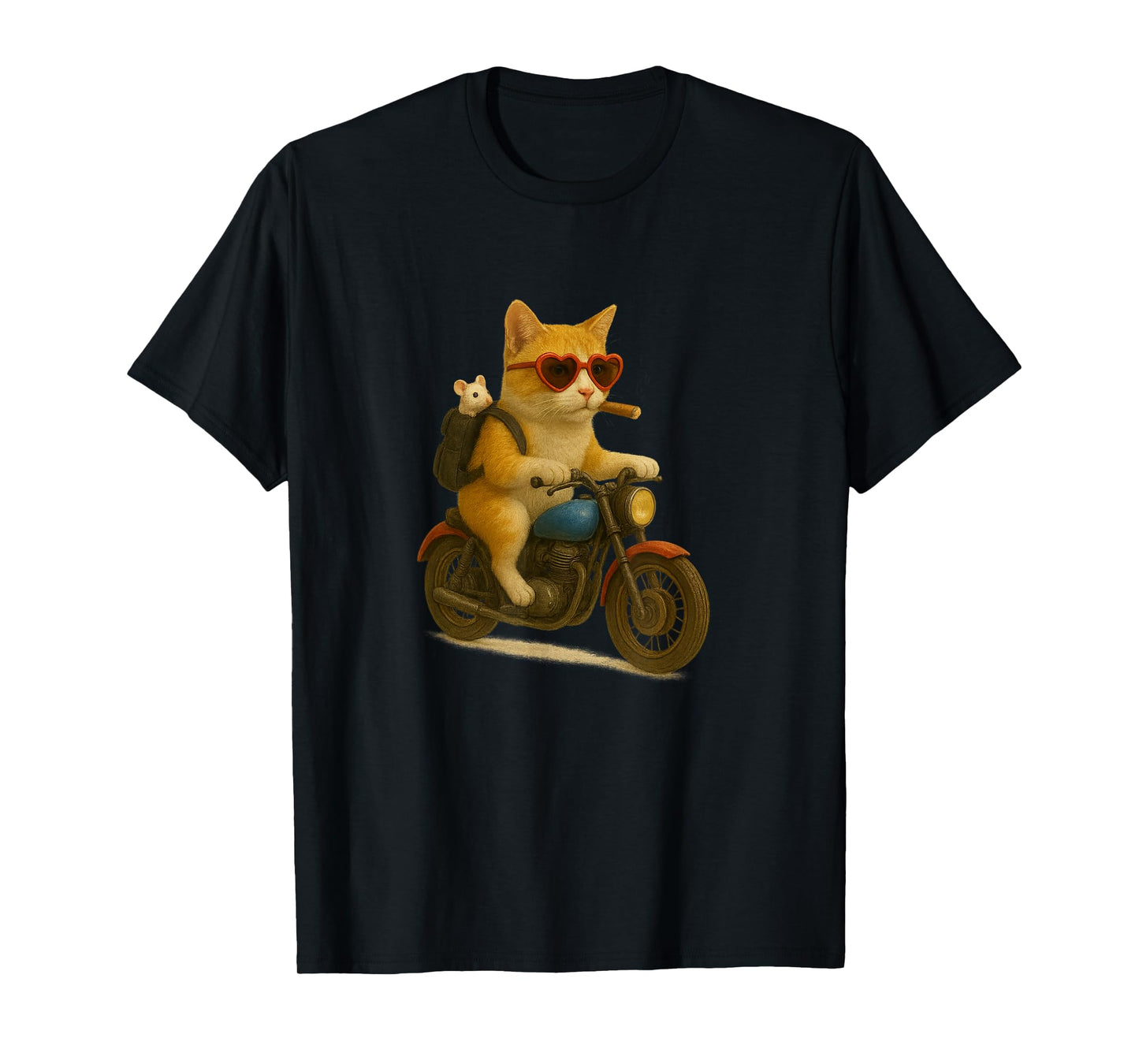 Funny Cat Biker with Mouse in Backpack Motorcycle Lover T-Shirt