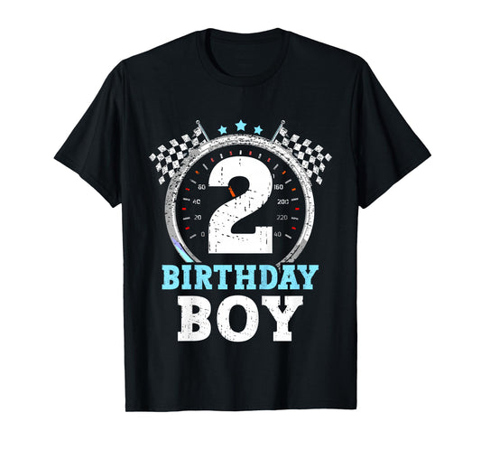Kids 2nd Birthday Boy 2 Second Race Car Birthday Racing Car Flag T-Shirt