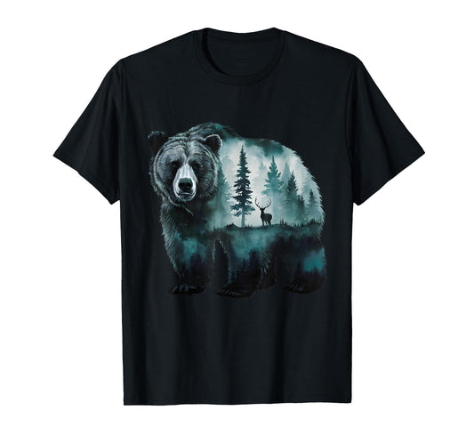 Majestic Grizzly Bear Deer Forest Scenic Nature Wildlife Art T-Shirt
