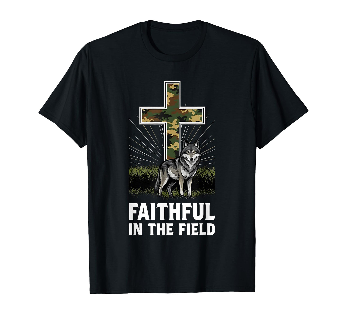 Christian Camo Cross Wolf Faithful in The Field T-Shirt
