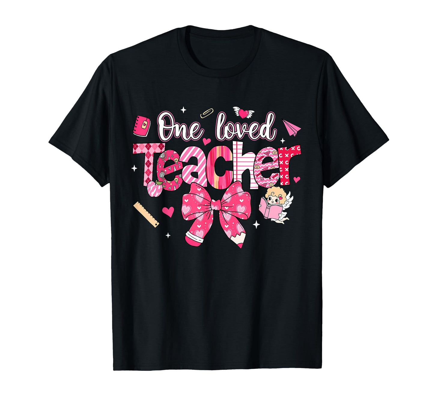 One Loved Teacher Coquette Bow Pencil Valentine Girl Women T-Shirt