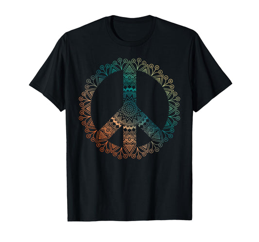 Neutral Boho Yoga Ornate Mandala Peace Sign Hippie T-Shirt