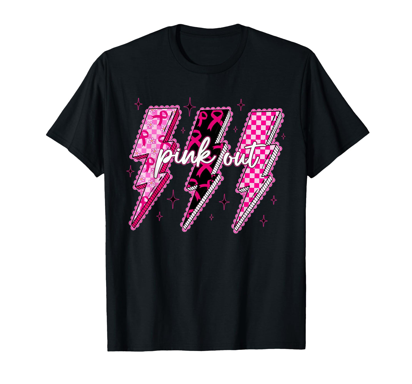 Breast Cancer Awareness Women Pink Out Ribbon Lightning T-Shirt