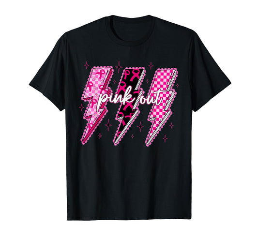 Breast Cancer Awareness Women Pink Out Ribbon Lightning T-Shirt