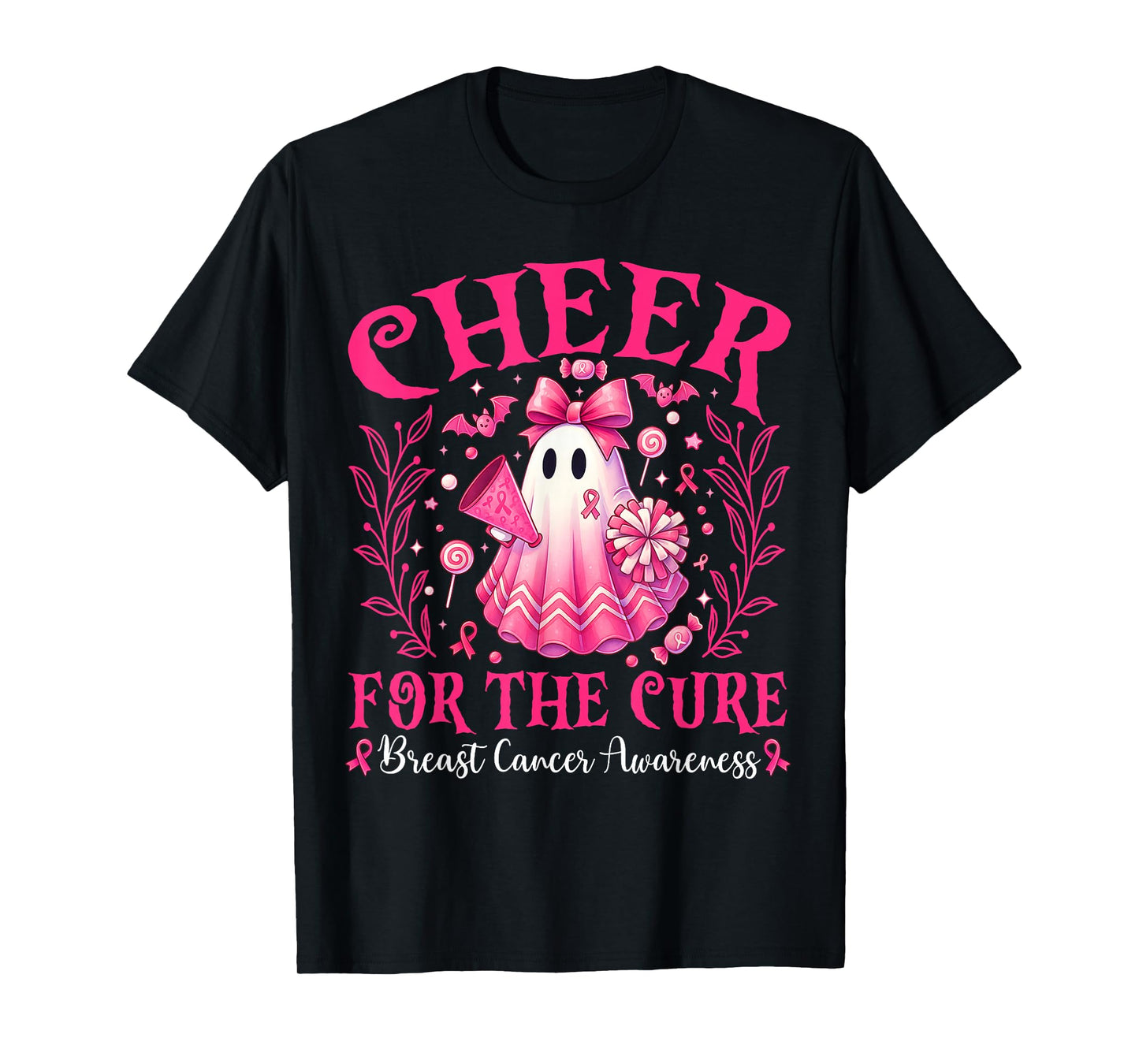 Cheer for The Cure Breast Cancer Pink Ghost Cheerleader T-Shirt