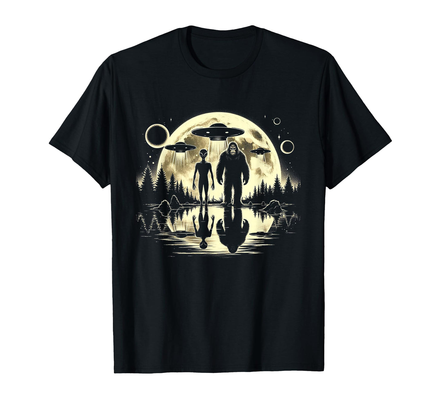Bigfoot and Alien Moon UFO Extraterrestrial Sasquatch Gifts T-Shirt