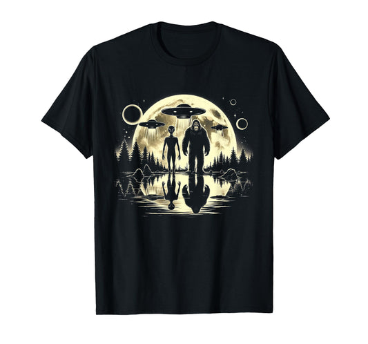 Bigfoot and Alien Moon UFO Extraterrestrial Sasquatch Gifts T-Shirt