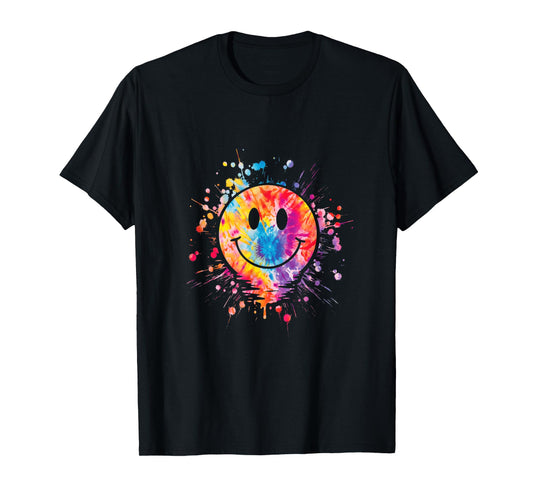 Retro Happy Face Rainbow Tie Dye Splatter 70s Peace Smile T-Shirt