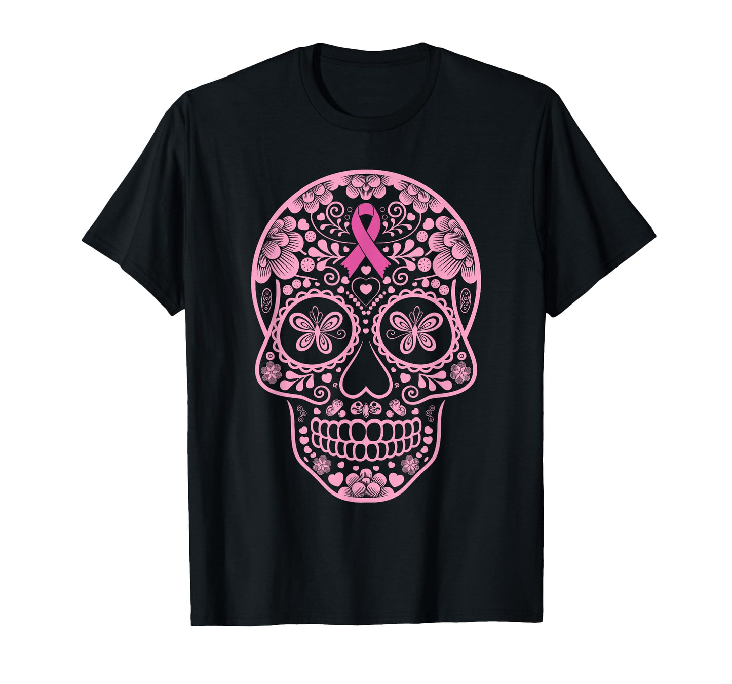 Sugar Skull Pink Ribbon Calavera Breast Cancer Awareness T-Shirt