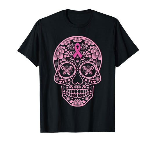 Sugar Skull Pink Ribbon Calavera Breast Cancer Awareness T-Shirt