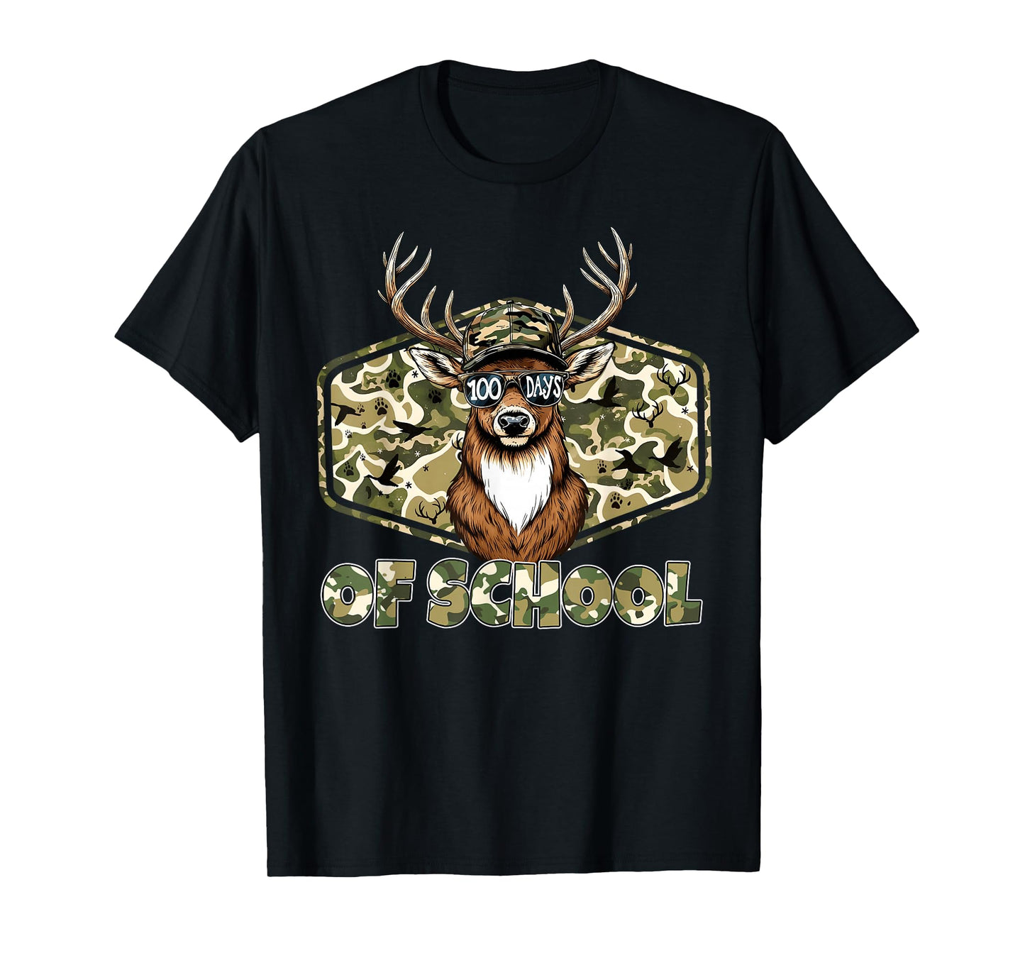 100 Days of School Camo Deer Buck Hunting Students Teacher T-Shirt