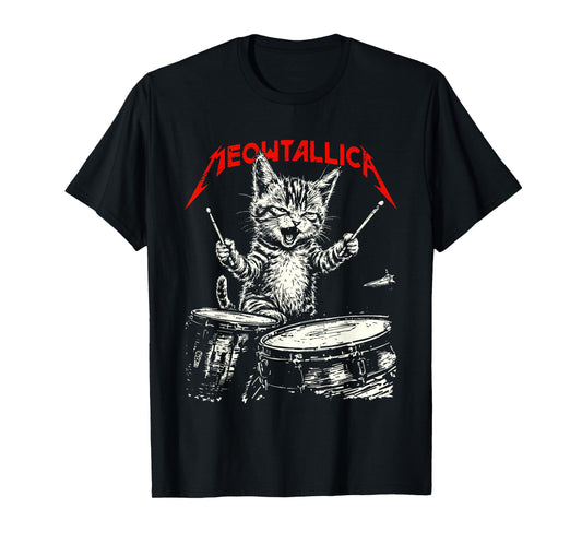 Rock On Vintage Drummer Cat 80s Band Style T-Shirt