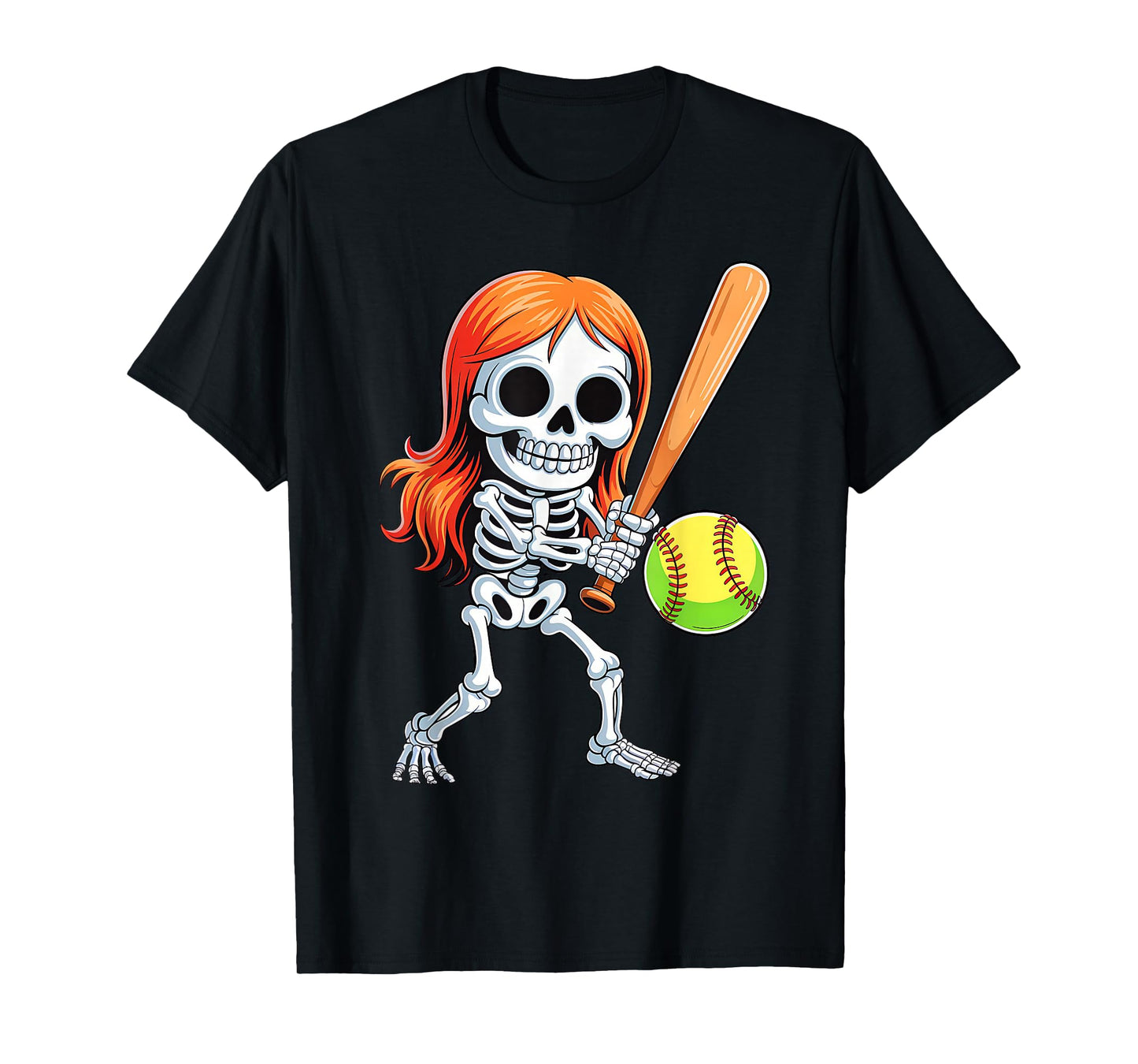 Skeleton Playing Softball Halloween Costume Funny Girls Kids T-Shirt