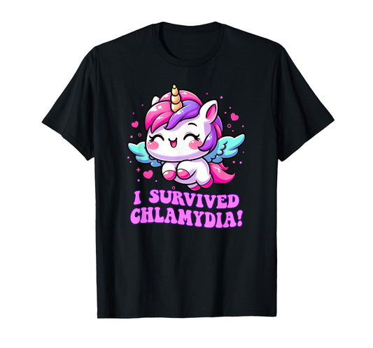 Embarrassing wacky weird adult humor unusual gifts I SURVIVED CHLAMYDIA Funny Inappropriate Cringe Gag Gift Unisex-Adults Black Small Modern Retro T-Shirt