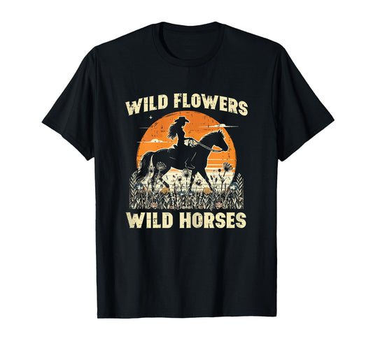Wild Flowers Horses Cowgirl Retro Rodeo Girls Kids Women T-Shirt