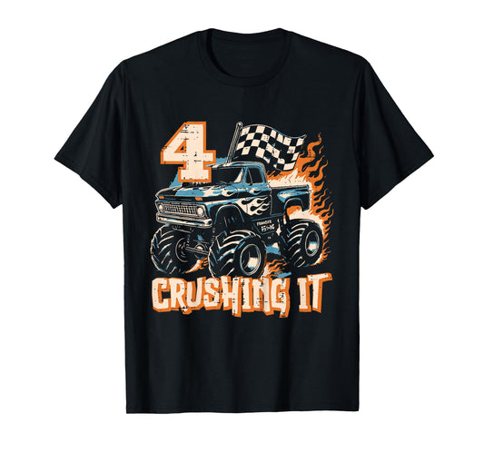 Kids 4 Crushing It Monster Truck Cool 4th Birthday Bday Boys Kids T-Shirt